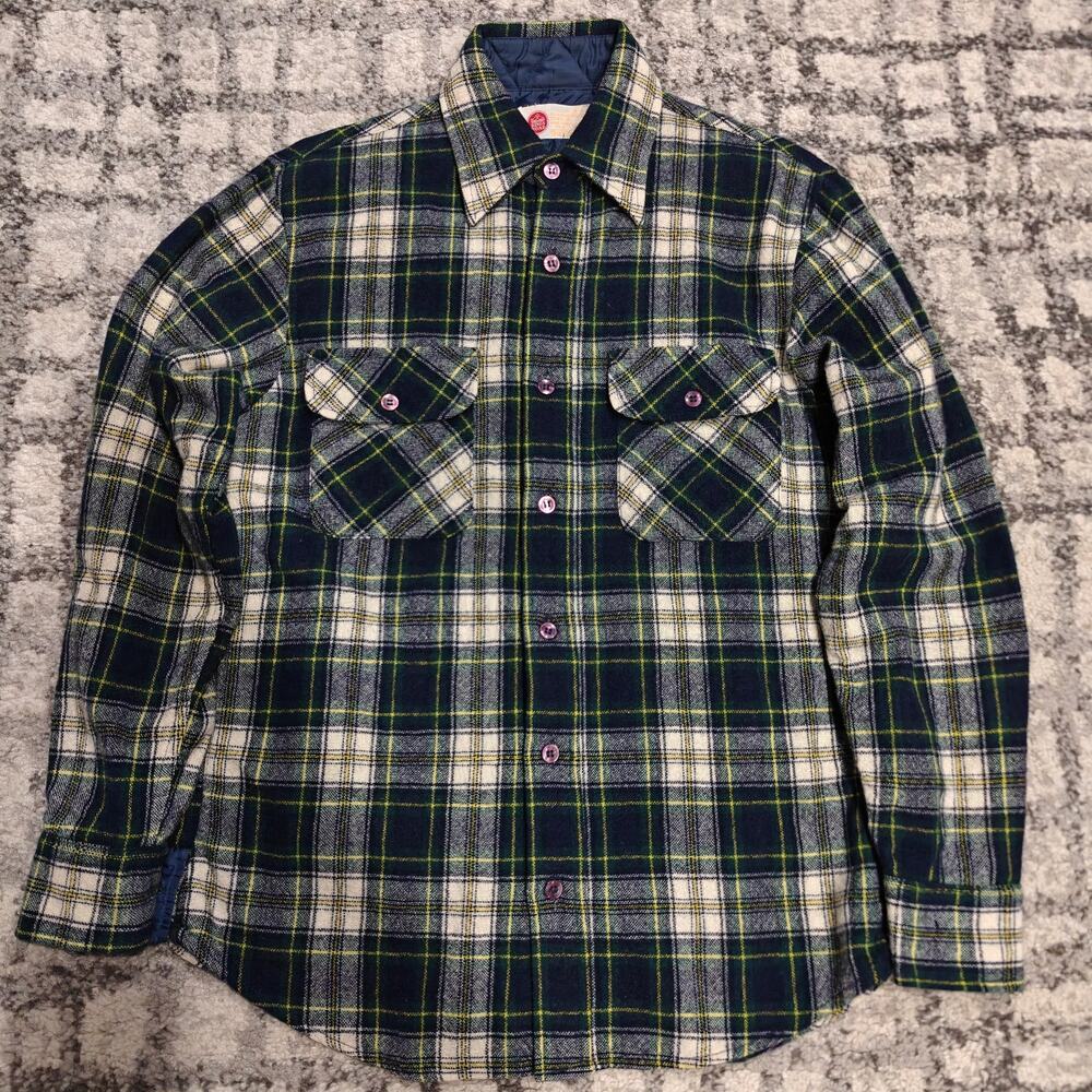 Vintage 70s Sears Kings Road Heavy Wool Flannel CPO Shirt Jacket Plaid Mens M